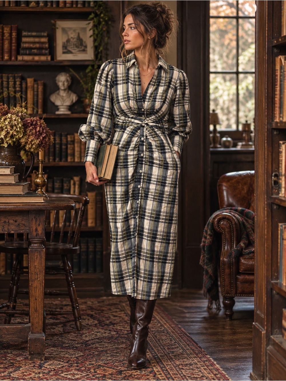 Veronica Beard Plaid Maxi Dress in Cream and Black